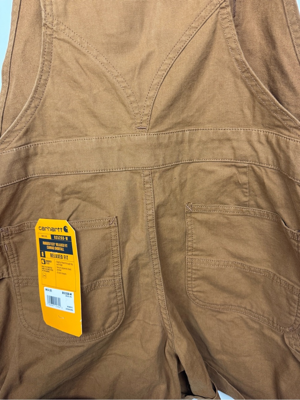 New Carhartt Women’s Tan Rugged Flex Relaxed Fit Canvas Shortall Overalls Medium - Picture 9 of 10